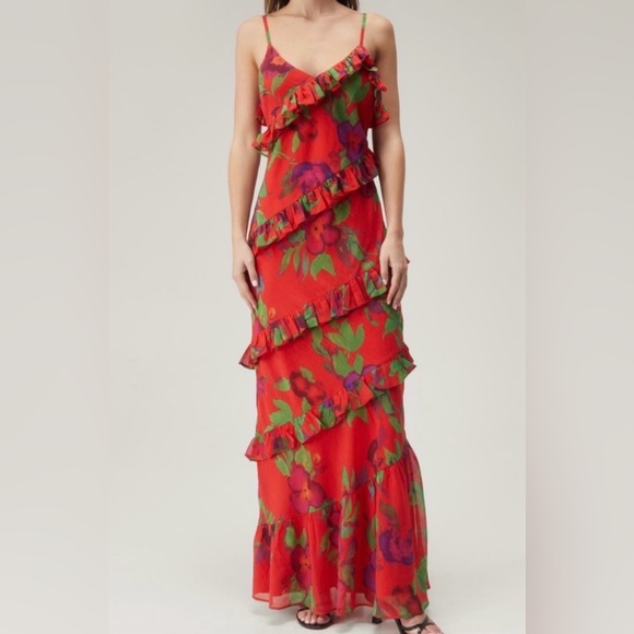 Nasty Gal Dresses & Skirts - Nasty Gal Red Floral Ruffle Chiffon Maxi Dress Size 6